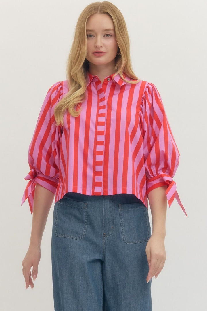 Striped Puff Sleeve Top in Red