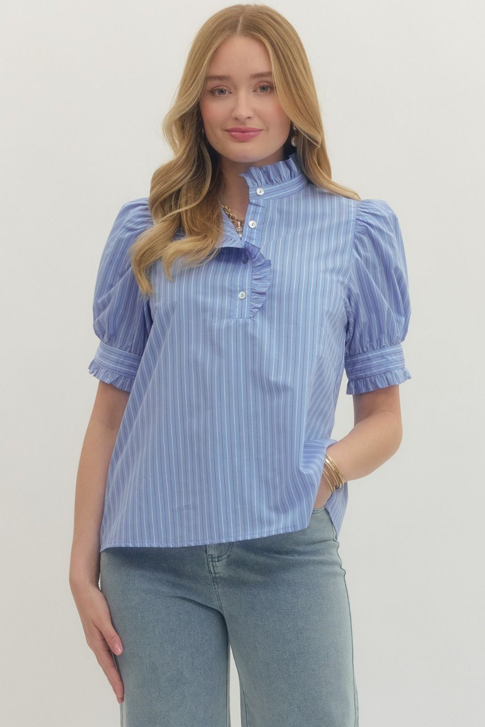 Striped Short Puff Sleeve Top in Blue