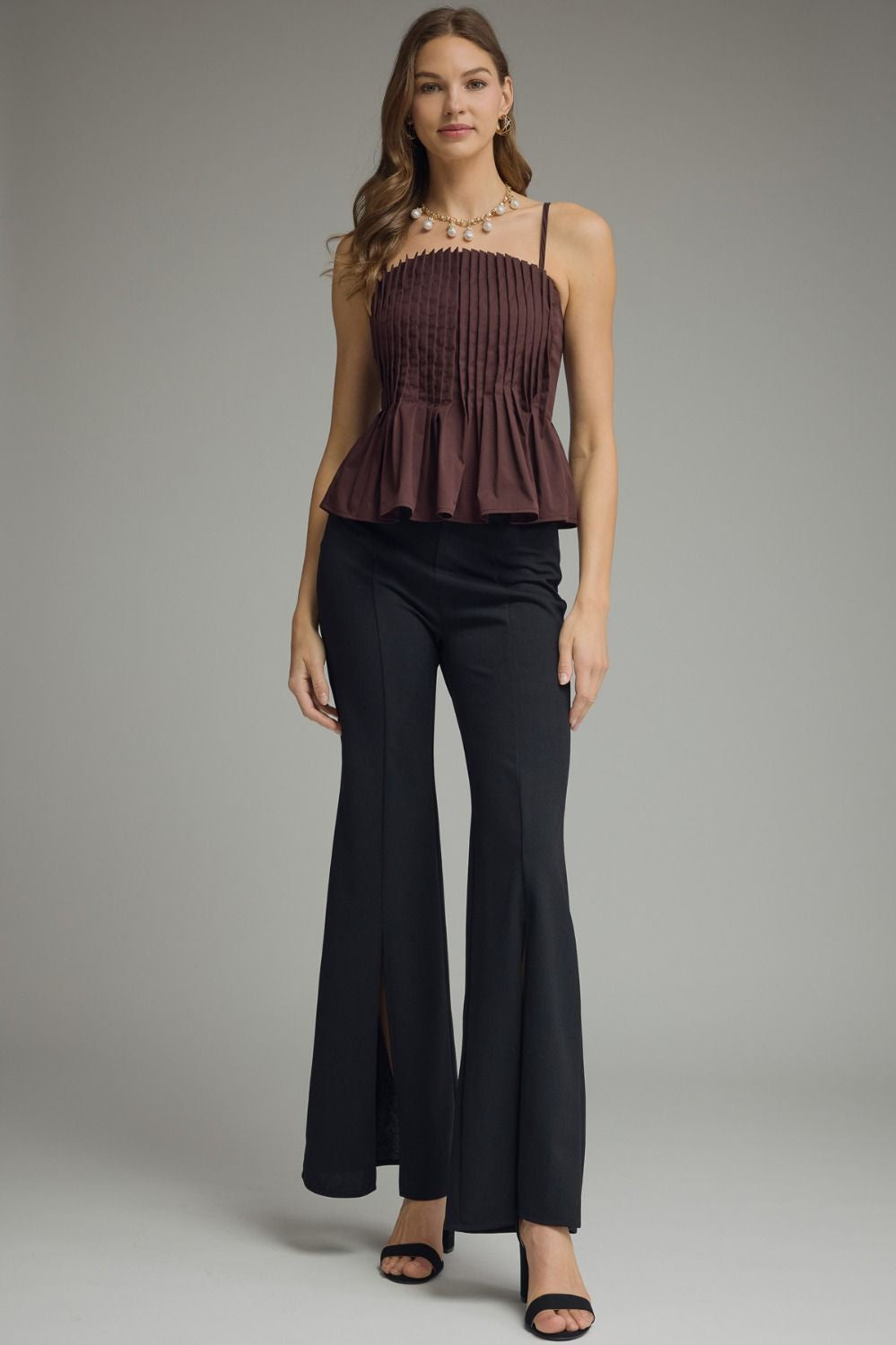 Solid Pleated Cami Top in Brown