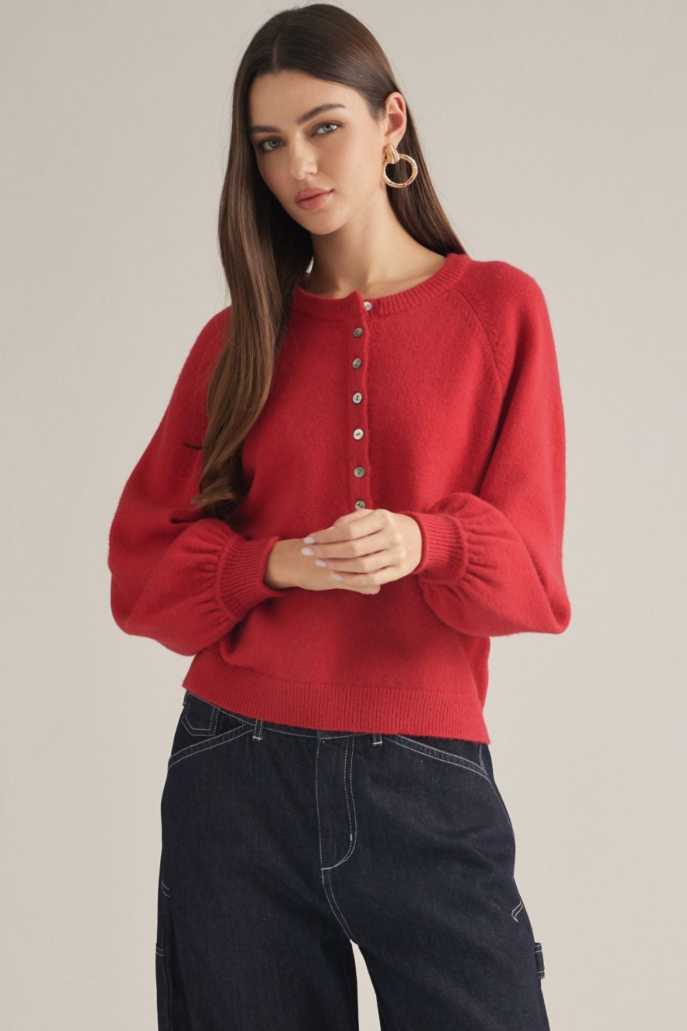 Solid Long Sleeve Knit Top in Red