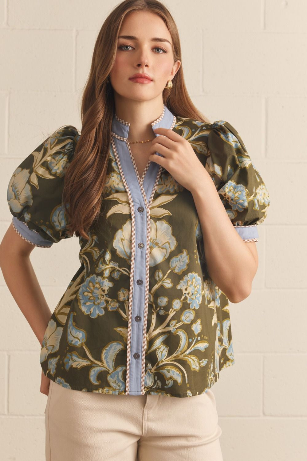 Floral Print Short Puff Sleeve Top in Olive