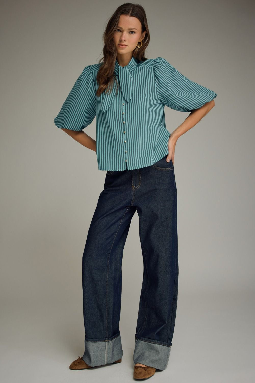 Stripe Self-Tie Short Sleeve Top in Blue