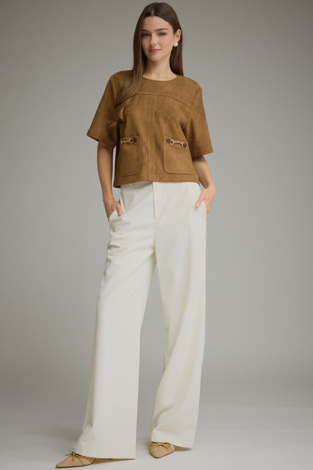 Brown Solid Short Sleeve Top
