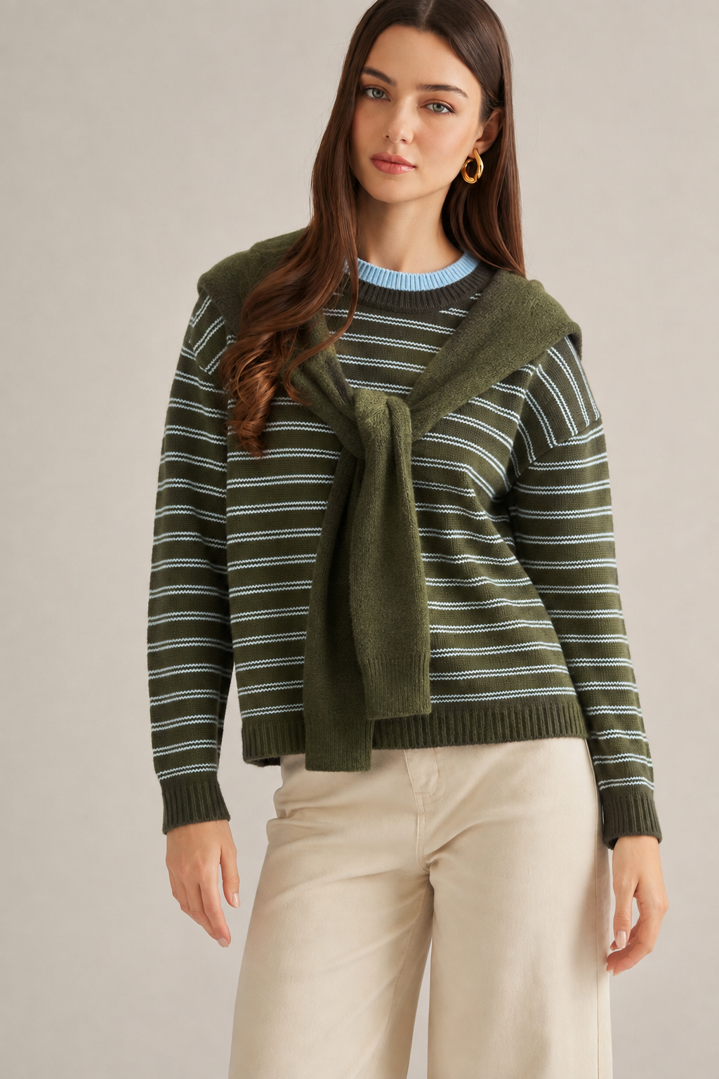 Stripe Long Sleeve Sweater Top in Olive