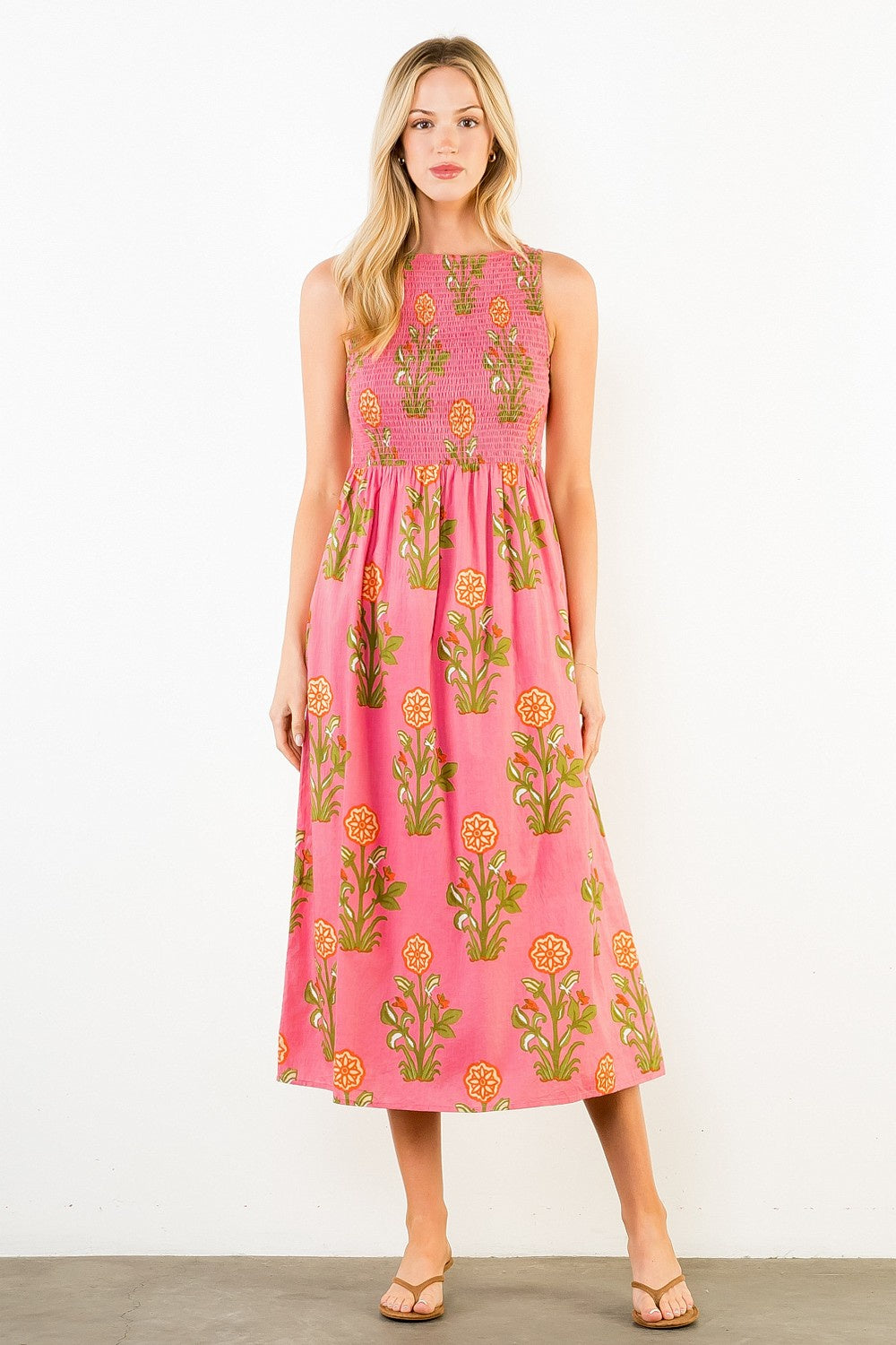 Pink Sleeveless Smocked Pattern Midi Dress