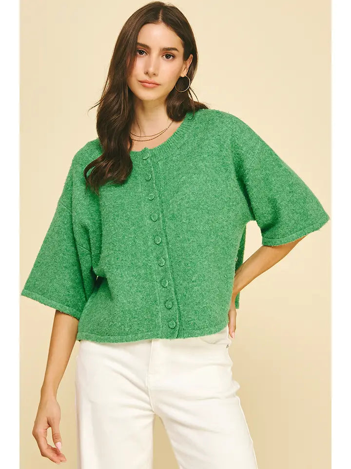 Button Down Short Sleeve Sweater Top in Green