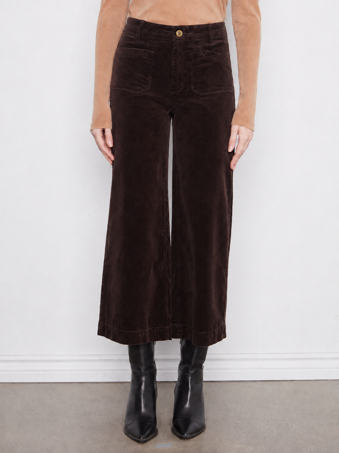 Charlie B Cropped Wide Leg Corduroy Patch Pocket Pants in Coffee
