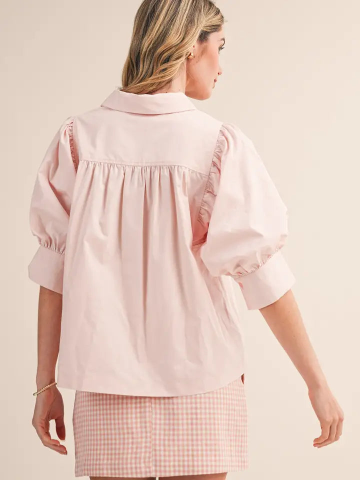 Puff Sleeve Button Down Top in Pale Pink