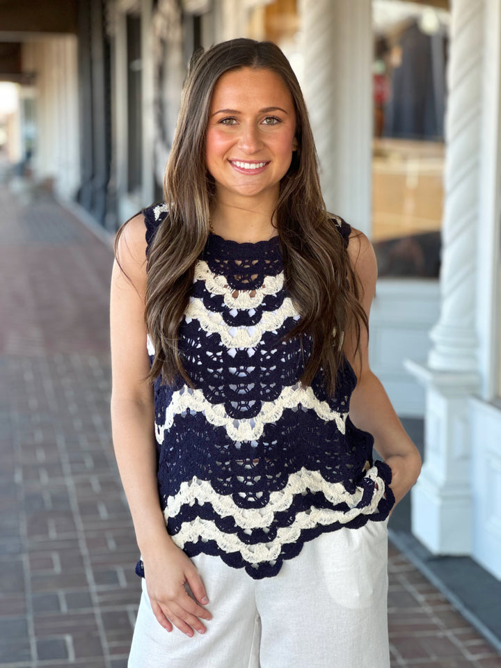 Charlie B Navy Crochet Sleeveless Crew Neck Cami