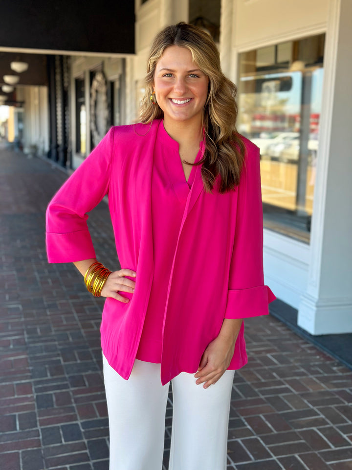 Multiples Turn Up Cuff Open Front Swing Jacket in Magenta
