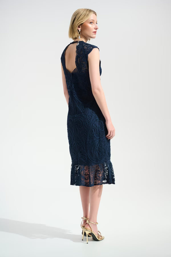 Joseph Ribkoff Guipure Trumpet Dress With Ruffle Hem Style 261740 Midnight Blue / S Joseph Ribkoff Guipure Trumpet Dress With Ruffle Hem Style 261740 Midnight Blue / S