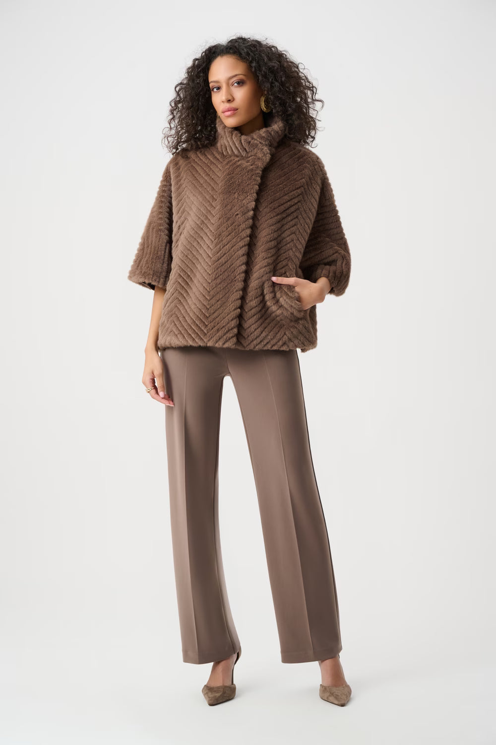 Joseph Ribkoff Short Chevron Faux Fur Cape in Mink