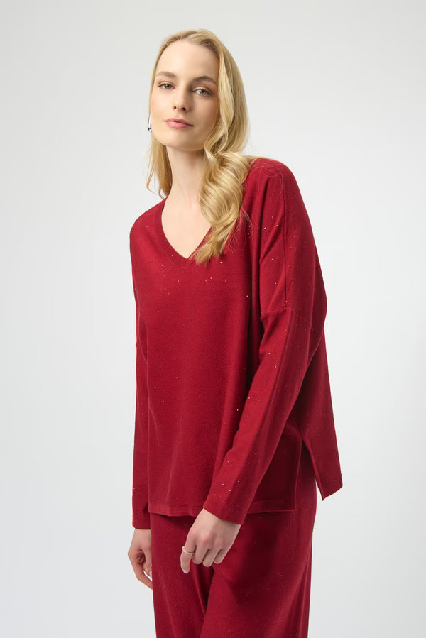 Joseph Ribkoff V-neck Jewel Embellished Pullover in Deep Cherry