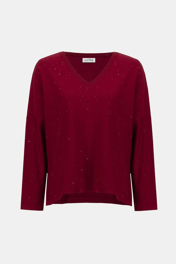 Joseph Ribkoff V-neck Jewel Embellished Pullover in Deep Cherry