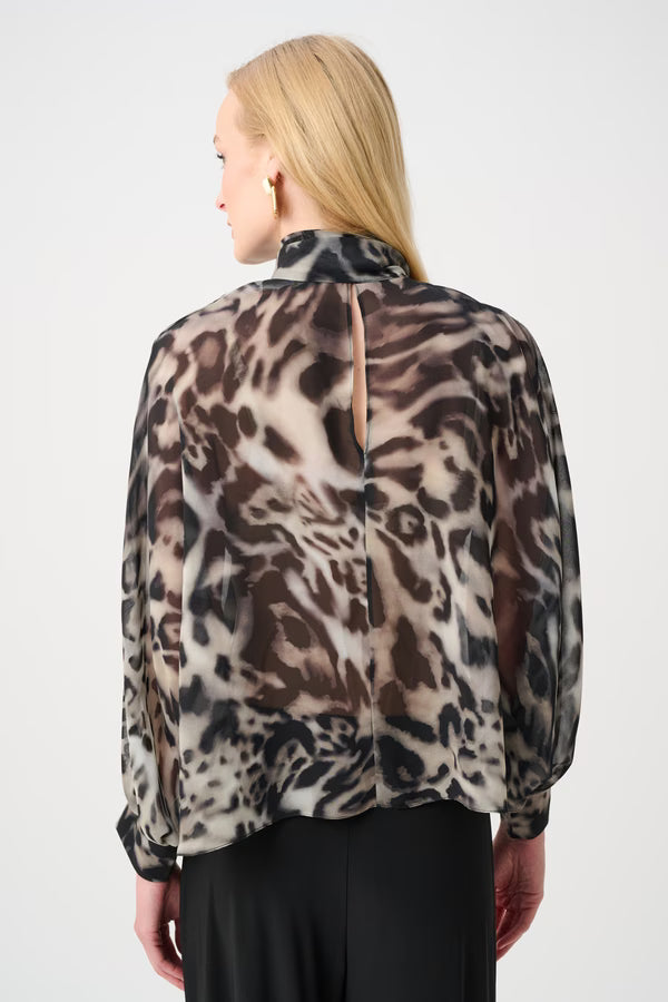 Joseph Ribkoff Animal-print Sheer Tie-neck Top