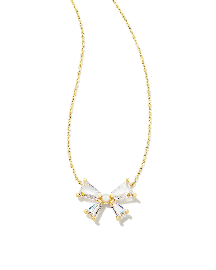 Kendra Scott Blair Gold Bow Short Pendant Necklace in White Crystal