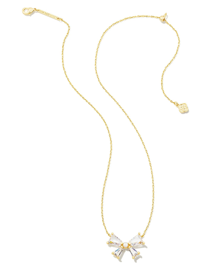 Kendra Scott Blair Gold Bow Short Pendant Necklace in White Crystal