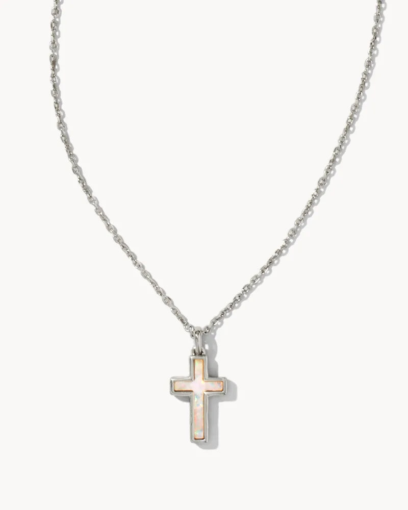 Kendra Scott Cross Silver Pendant Necklace in White Opal