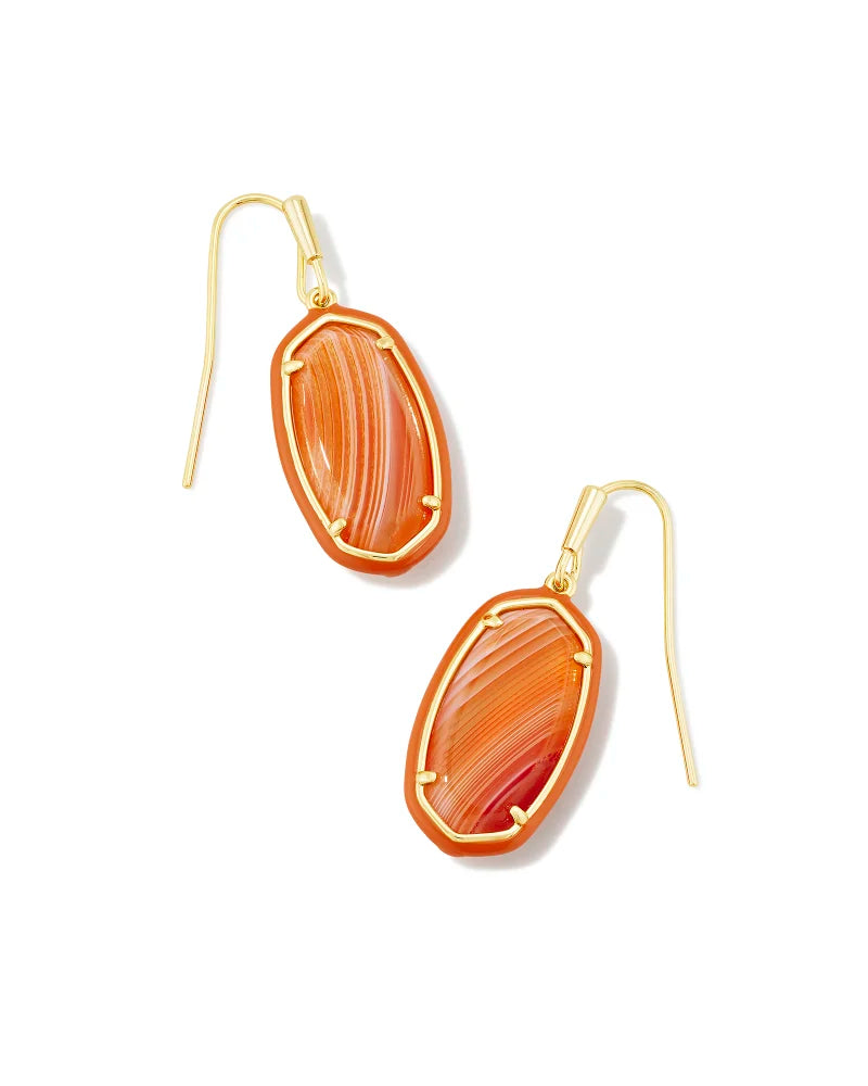 Kendra Scott Dani Gold Enamel Framed Drop Earrings in Orange Banded Agat