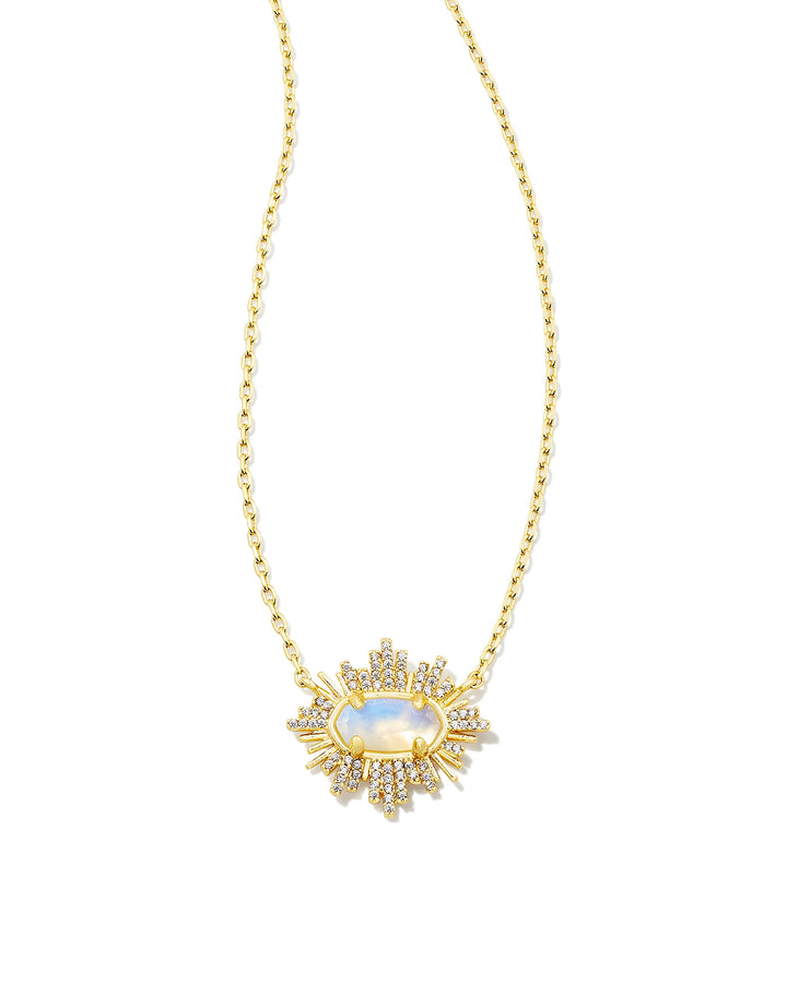 Kendra Scott Grayson Gold Sunburst Frame Short Pendant Necklace in Iridescent Opalite Illusion