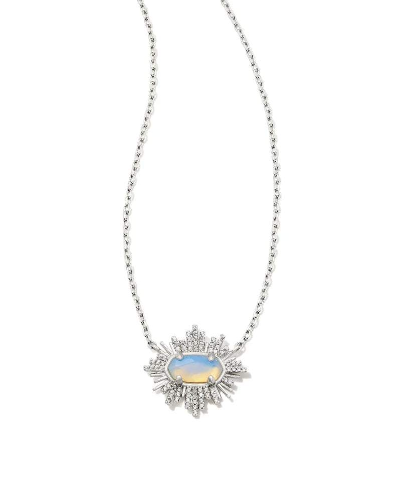 Kendra Scott Grayson Silver Sunburst Frame Short Pendant Necklace in Iridescent Opalite Illusion