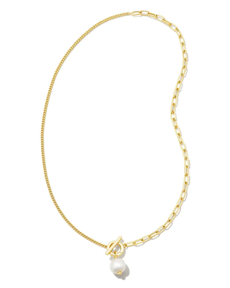Kendra Scott Leighton Convertible Gold Pearl Chain Necklace in White Pearl