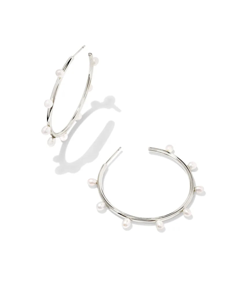 Kendra Scott Leighton Silver Pearl Hoop Earrings in White Pearl