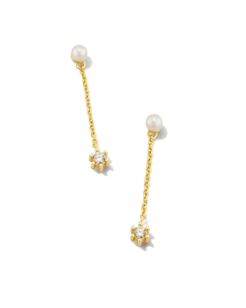 Kendra Scott Leighton Gold Pearl Linear Earrings in White Pearl
