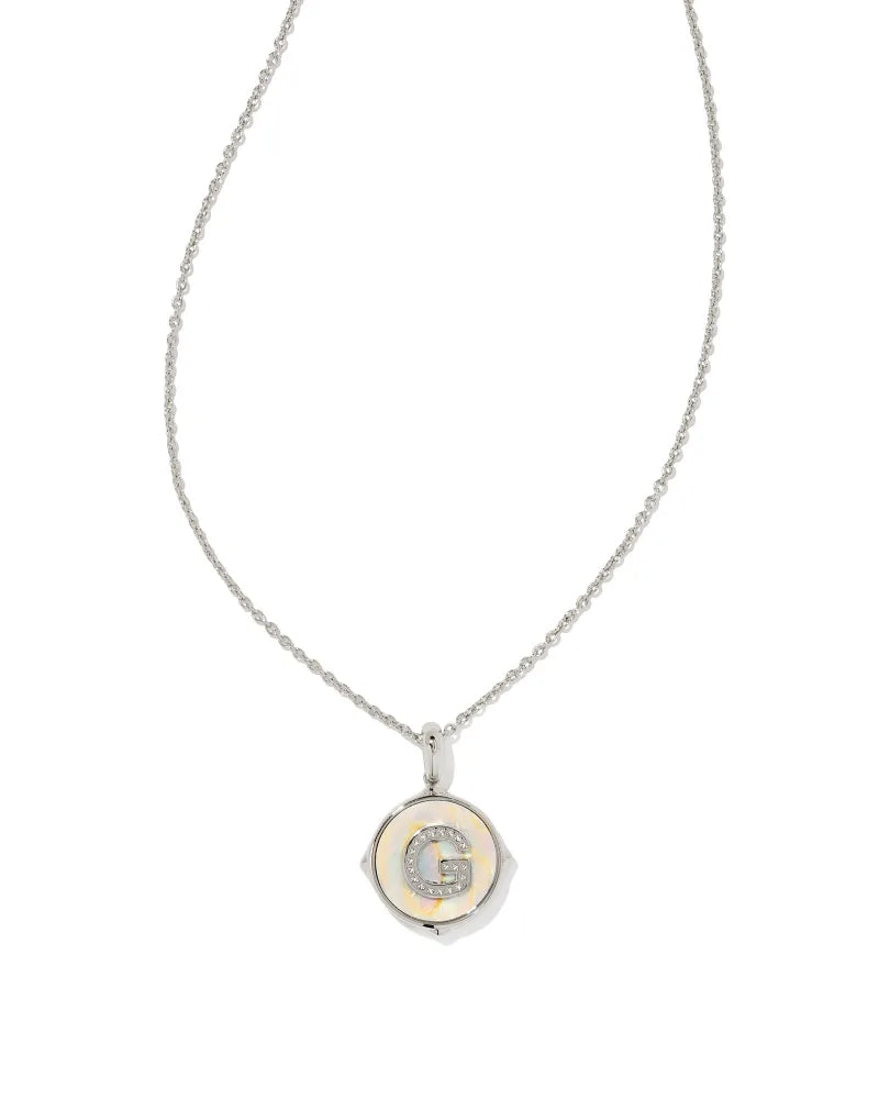 Kendra Scott Initial Silver Disc Pendant Necklace in Iridescent Abalone