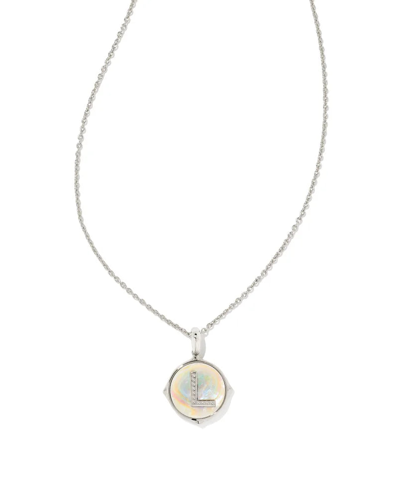 Kendra Scott Initial Silver Disc Pendant Necklace in Iridescent Abalone