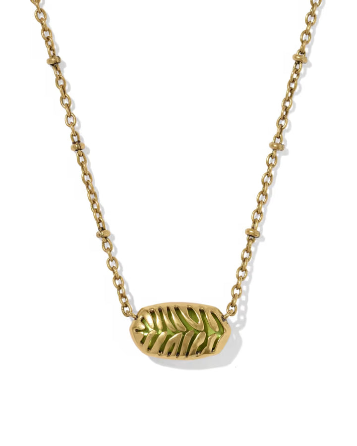 Kendra Scott Tiger Striped Elisa Vintage Gold Short Pendant Necklace in Chartreuse