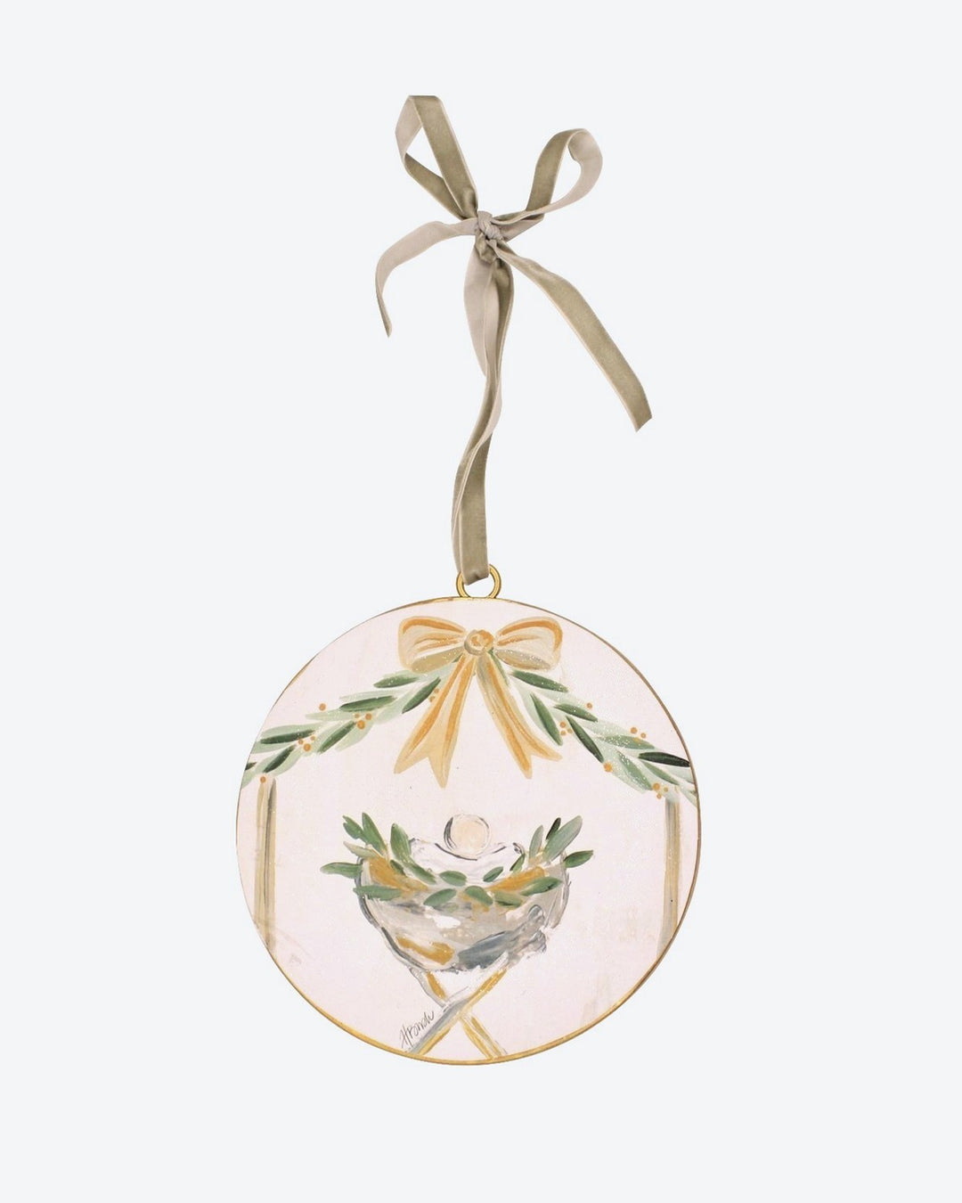 6" Metal Disc Ornament, Manger with Bow, Glitter Accents ©Haley Bush