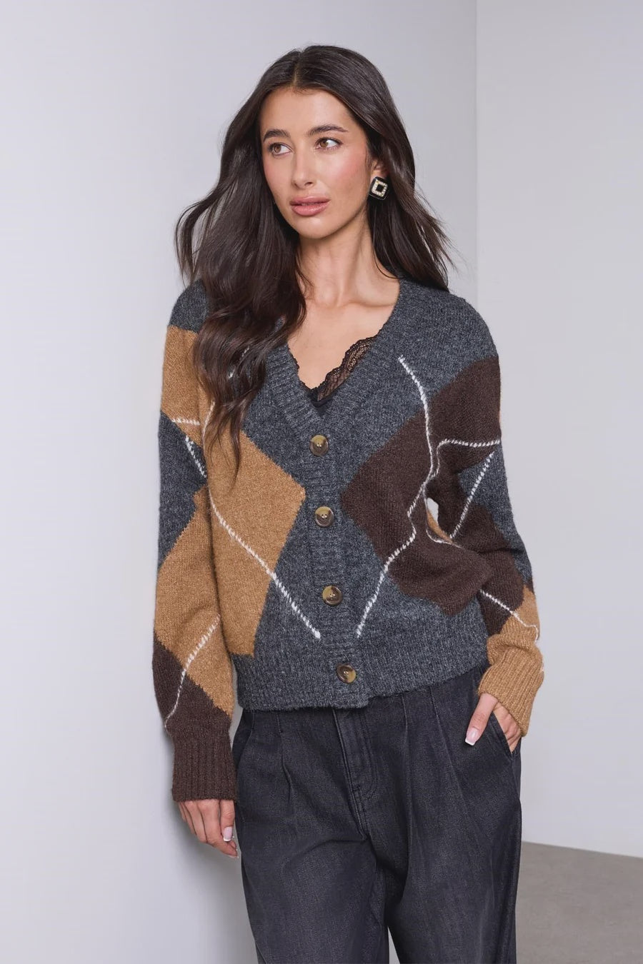 Tribal BLUE THREAD Diamond Pattern Button Front Knit Cardigan in Charcoal