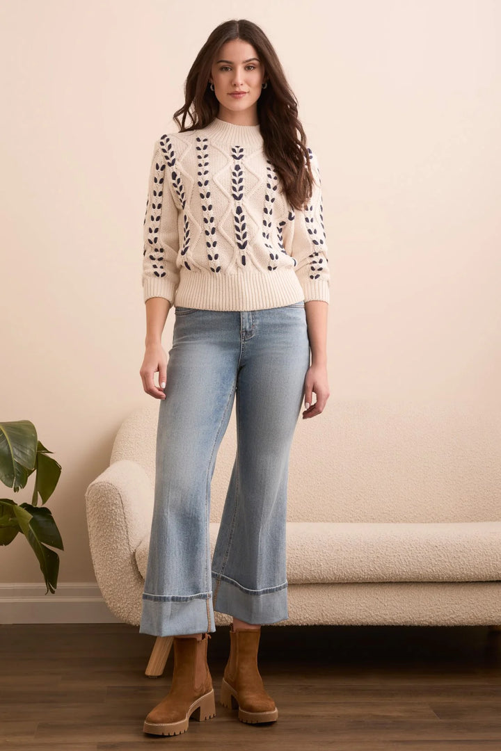 Tribal Cable-Knit 3/4 Sleeve Mock Neck Sweater in Moonstone