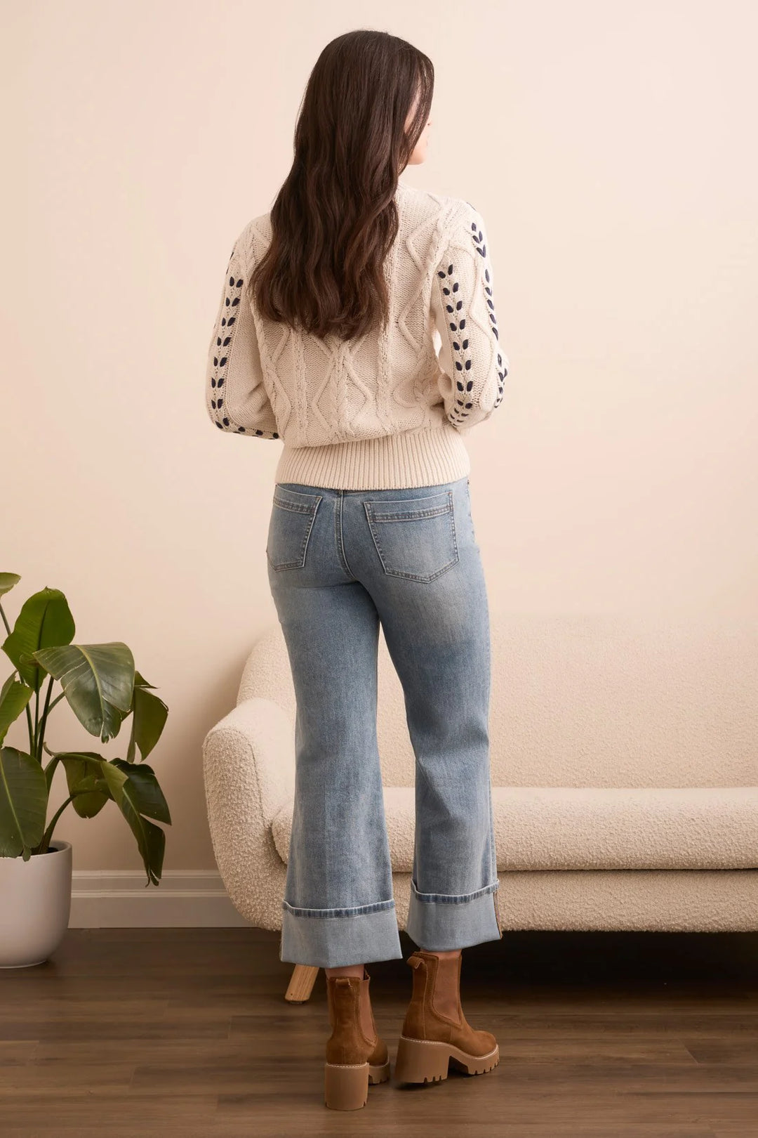Tribal Cable-Knit 3/4 Sleeve Mock Neck Sweater in Moonstone
