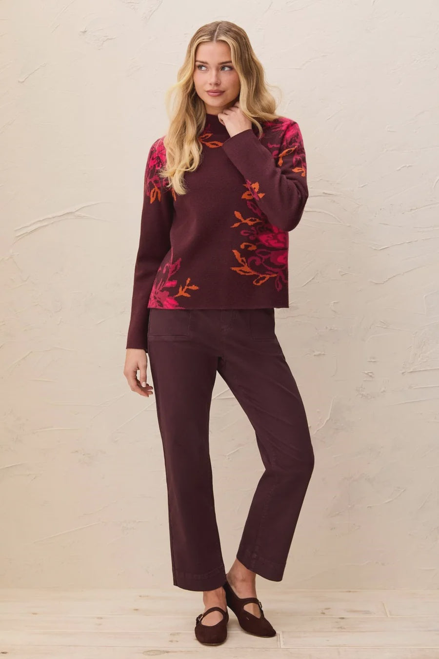 Tribal Double Knit Knit Funnel Neck Sweater Long Sleeve Sweater in Fudge