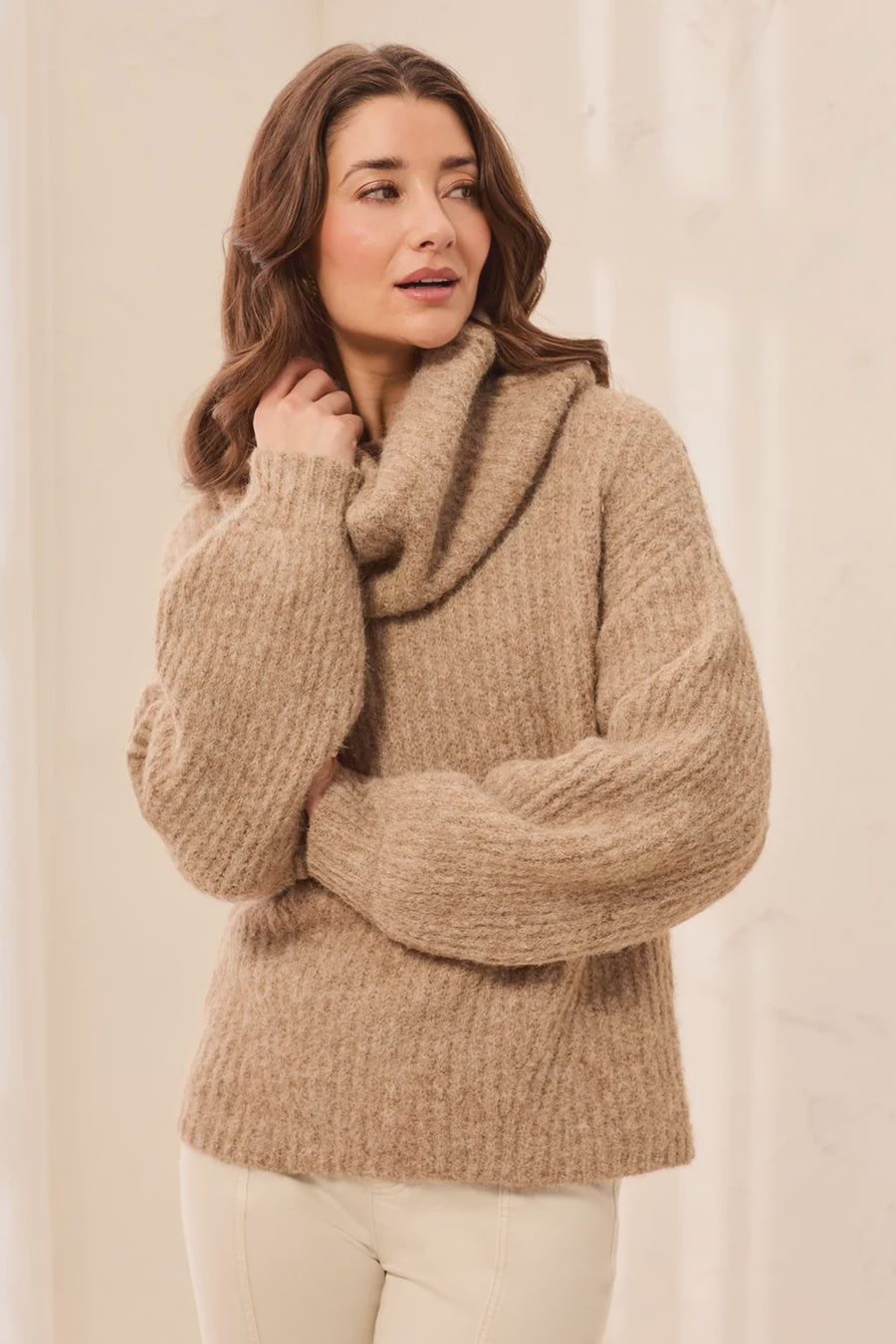 Tribal Drama Funnel Neck Long Puff Sleeve Textured Sweater in Pashmina