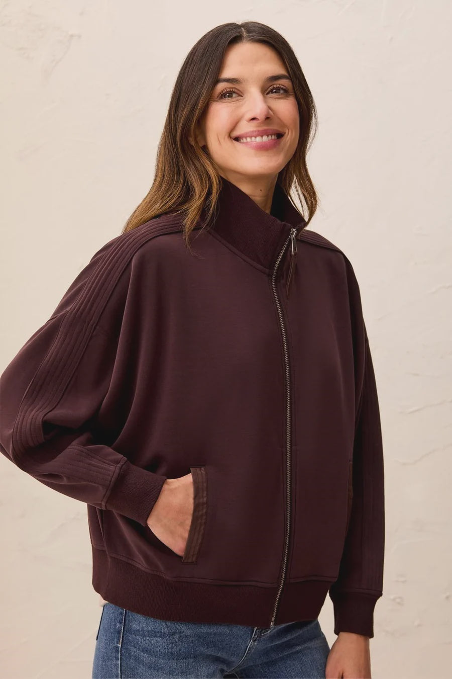 Tribal Knit Bomber Jacket With Zip Front & Faux Leather Trim Detail in Saddlebrown