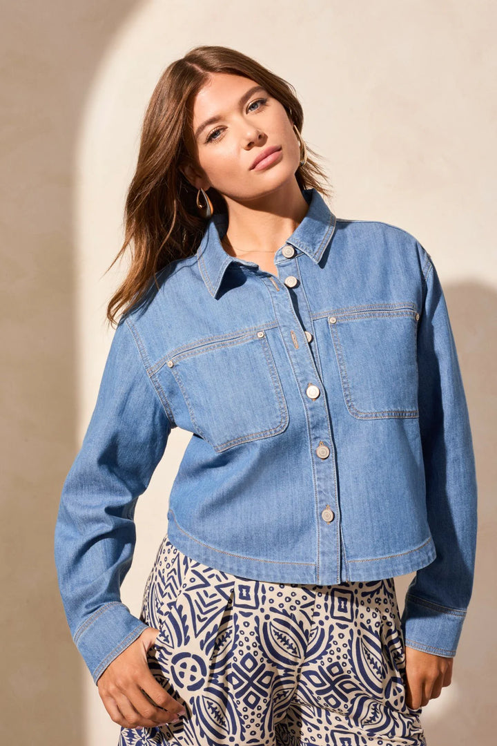 Tribal Light Denim Button Front Shirt in Coastline