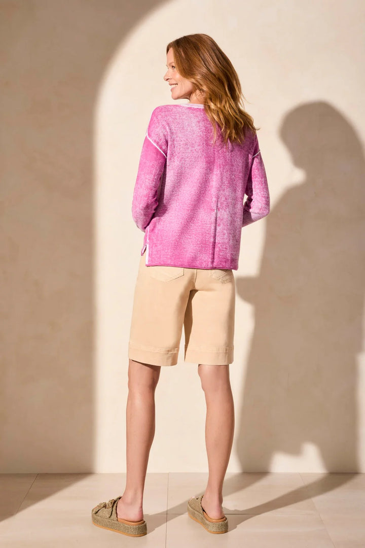 Tribal Lightweight Cotton V-Neck Sweater With Special Wash in Orchidsky