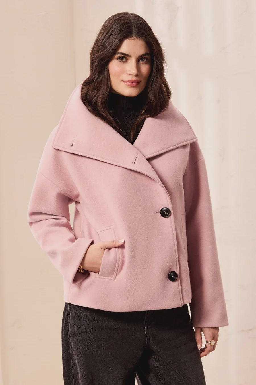 Tribal Lofty Knit Funnel Neck Button Front Jacket in Pink Frost