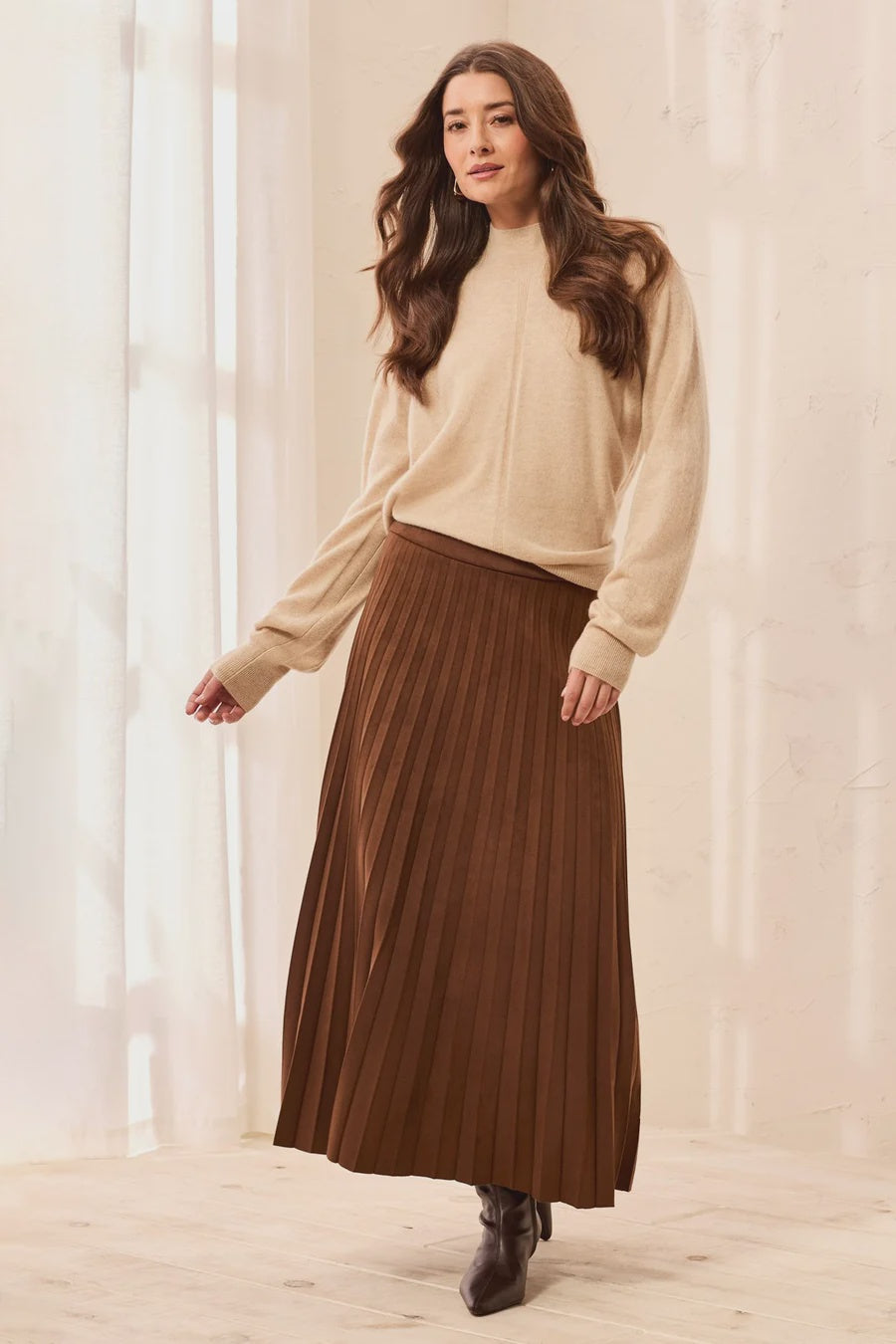 Tribal Pleated Stretchy Faux Suede Pull-On Maxi Skirt in Hickory
