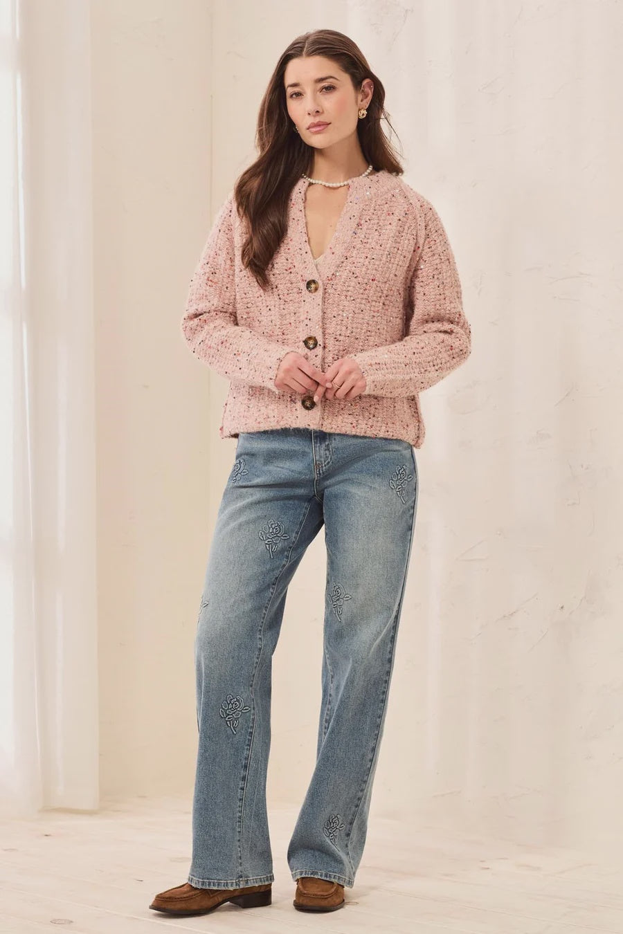 Tribal Sequined Button Front Notch Neck Sweater Cardigan in Macaron