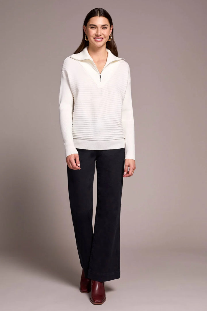 Tribal Soft Zip-Up V-Neck Sweater in Eggshell