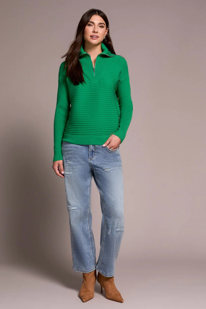 Tribal Soft Zip-Up V-Neck Sweater in Fieldgreen