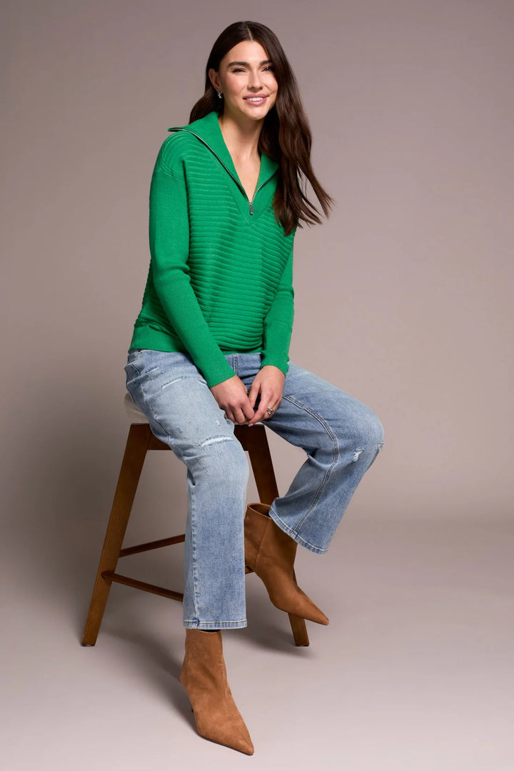 Tribal Soft Zip-Up V-Neck Sweater in Fieldgreen