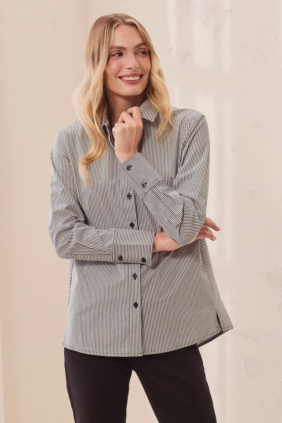 Tribal Striped Stretch Poplin Long Sleeve Button Front Shirt in Black