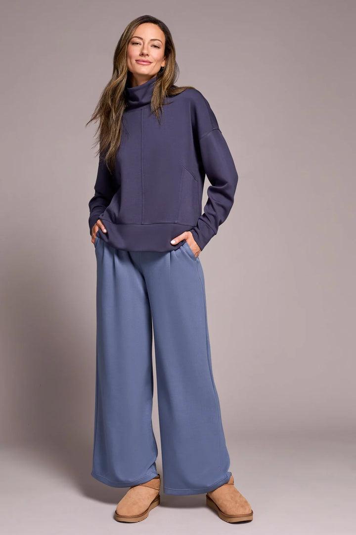 Tribal Techno Lux Drop Shoulder Funnel Neck Knit Top in Sapphire