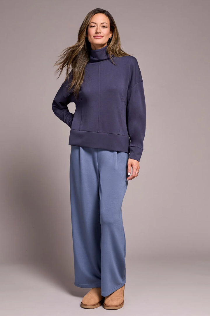 Tribal Techno Lux Drop Shoulder Funnel Neck Knit Top in Sapphire