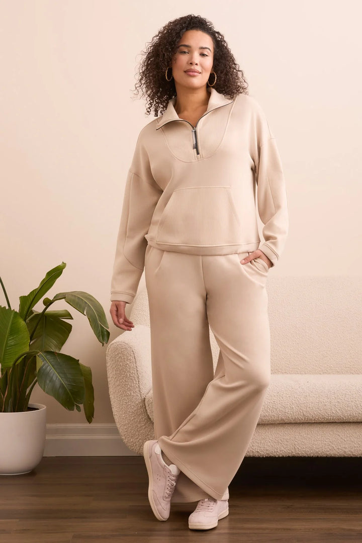 Tribal Techno Lux Zip-Accent Mock Neck Sweater in Moonstone